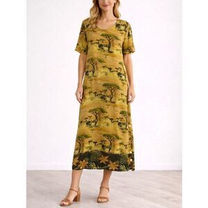 La Cera Safari Animal Print Rayon Midi Dress Side Buttons Tropical Sz L Vintage